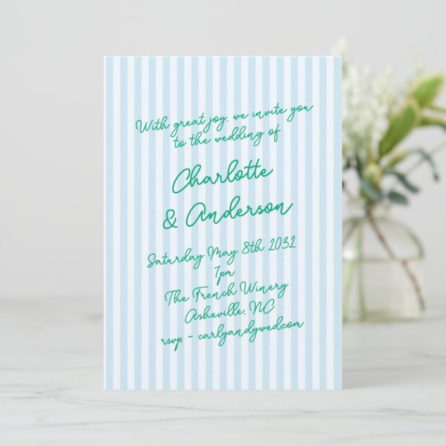 Handwritten Script Whimsy Stripes Quirky Wedding Inbjudningar (Stående Fram)