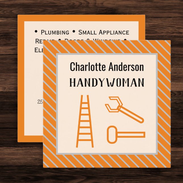 Handyfrau Modern Orange Anpassningsbar QR-kod Fyrkantigt Visitkort (A customizable business card for a handywoman, in orange and peach)