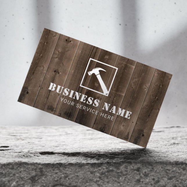 Handyman Carpenter Hammer Logotyp Rustic Wood Visitkort (Skapare uppladdad)