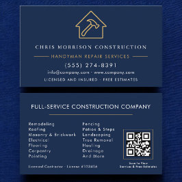 Handyman Construction Navy Blue Gold QR Code Visitkort