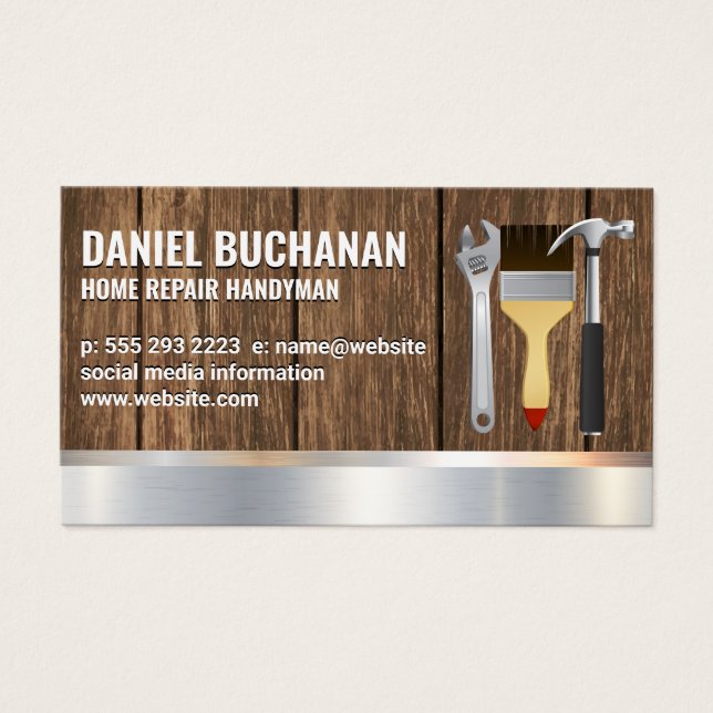 Handyman | Metallisk trä | Wrench Brush Hammer Visitkort (Framsidan)