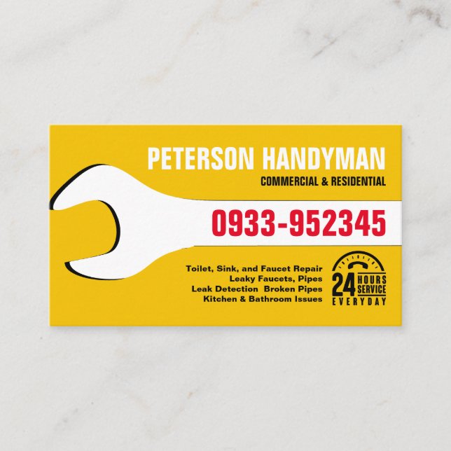 HANDYMAN PLUMBING 24 TIMMAR AKUT WRENCH VERKTYG VISITKORT (Framsida)
