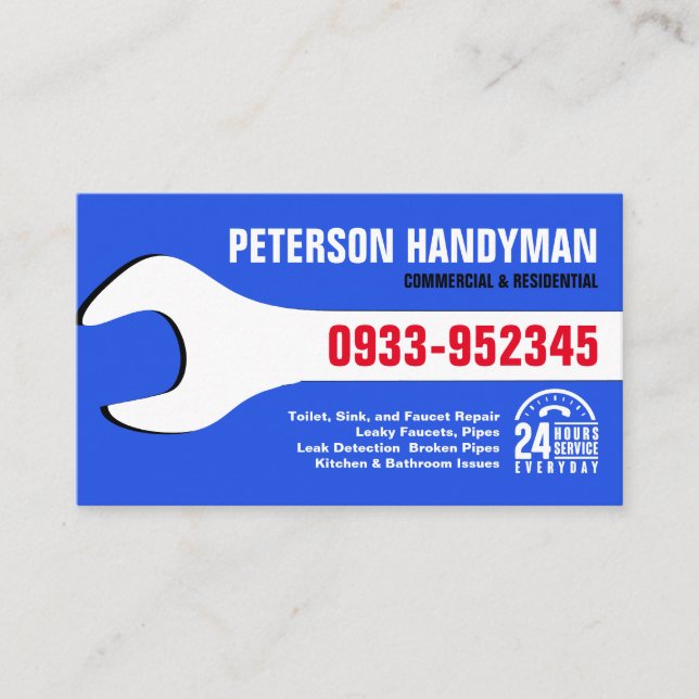 HANDYMAN PLUMBING 24 TIMMAR AKUT WRENCH VERKTYG VISITKORT (Framsida)