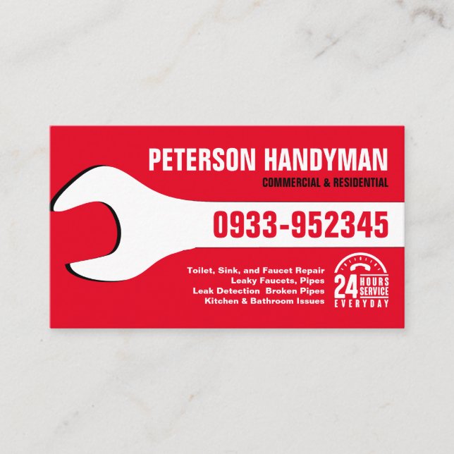 HANDYMAN PLUMBING 24 TIMMAR AKUT WRENCH VERKTYG VISITKORT (Framsida)