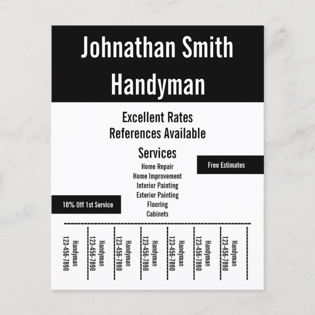 Handyman, svart och vit befordringsmall flygblad (Framsidan)