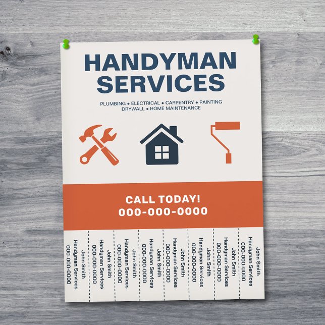 Handyman Tjänster Folder med Avrivningsbara Flikar Reklamblad (Handyman Services Flyer with Tear-Off Tabs)
