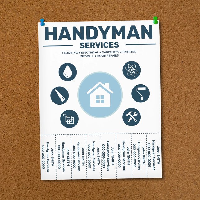 Handyman Tjänster Riv-Off Flikar Broschyr Reklamblad (Handyman Services Tear Off Strips Flyer)
