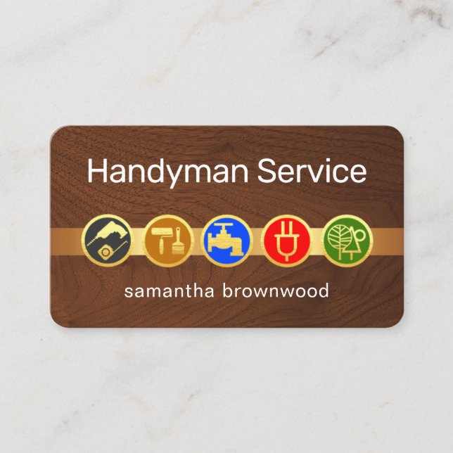 Handyman Tool Icons On Gold Tab Timber Wood Visitkort (Framsida)