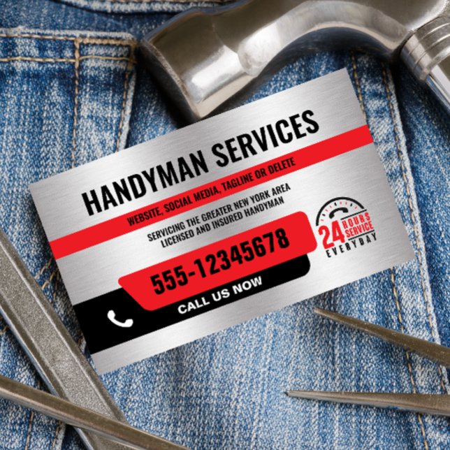 HANDYMAN URGENT REPAIR 24/ SILVER BLACK RED VISITKORT (Skapare uppladdad)