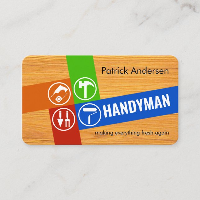 Handyman Verktyg Korsvis På Trä Visitkort (Framsida)