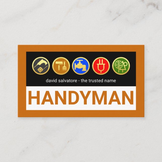 Handymanverktyg på brun kant visitkort (Framsida)