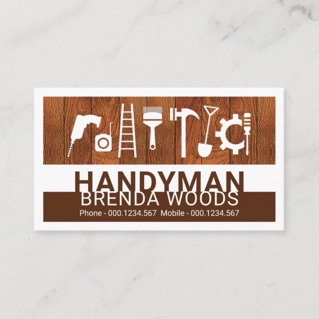 Handymanverktyg på träpanel visitkort (Framsida)