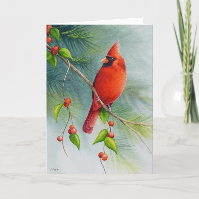 Hanfågel Nordlig Kardinal Fågel Akvarell Konst Kort (Framsida)