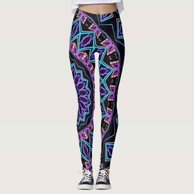Hänförd Blacklight Mandala för NYC Techno Leggings (Framsida)