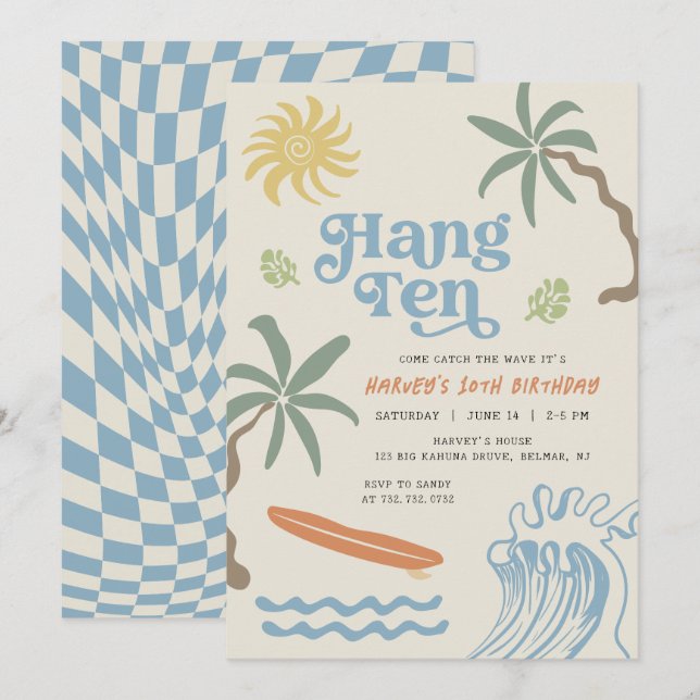 Hang Ten Retro Surf 10-årsjubileum Inbjudningar (Fram/baksida)