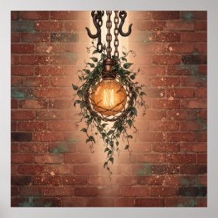 Hängande Edison Globe Ivy Brick Wall-poster Poster