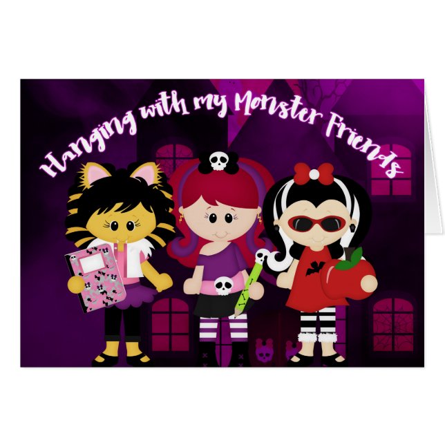 Hängande med min monster Friends Halloween Hälsningskort (Framsidan Horizontal)