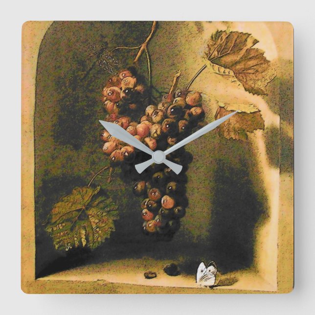 HANGED GRAPES WALL NICHE,BUTTERFLY Brown Rustic Fyrkantig Klocka (Framsida)
