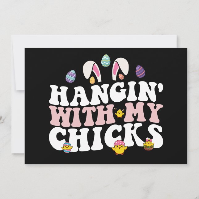 Hänger med mina hönor påskharen groovy retro inbjudningar (Framsida)