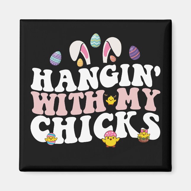 Hänger med mina hönor påskharen groovy retro magnet (Framsidan)