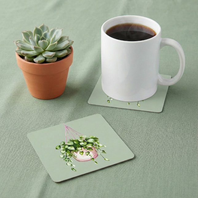 Hanging Basket Greenery Watercolor Underlägg Papper Kvadrat (Hanging Basket Greenery Watercolor Square Paper Coaster.)