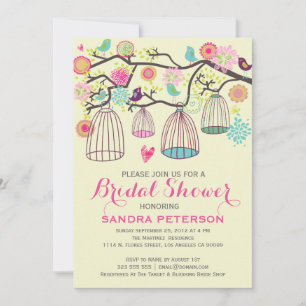 Hanging Bird Cages & Retro Flowers Bröllop Sticker Inbjudningar