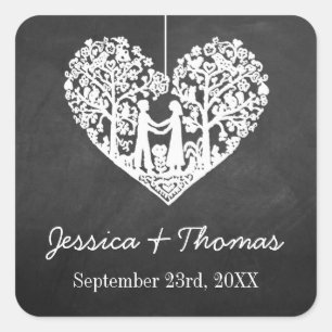 Hanging Heart Träd Chalkboard Wedding Favor Fyrkantigt Klistermärke