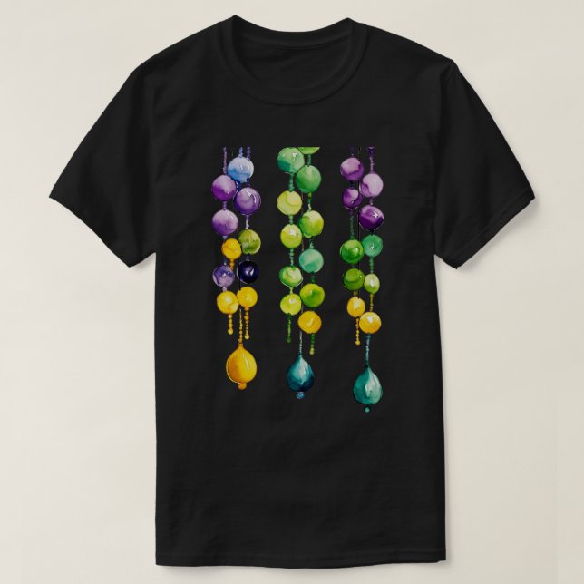 Hanging Mardi Gras Pärlor i Guld Grönt och Lila T Shirt (Design framsida)