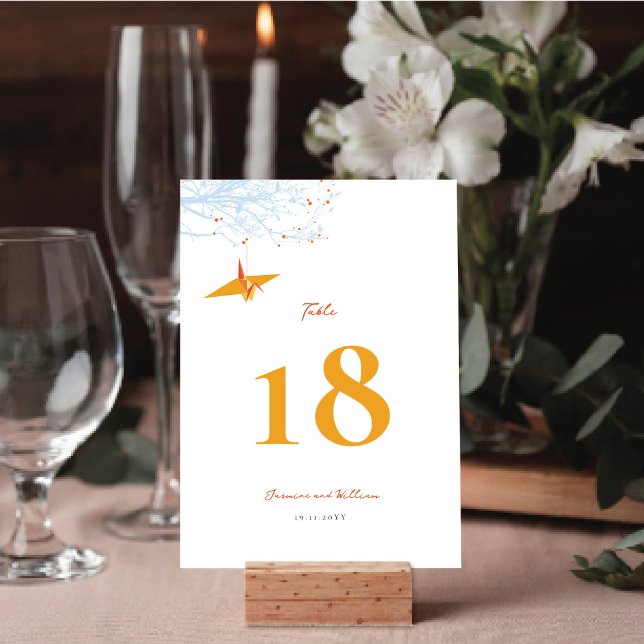Hanging Origami Orange Papper Crane Asian Bröllop Bordsnummer (Hanging Origami Orange Paper Crane Asian Wedding Table Number Card @ fatfatin_red_knot)