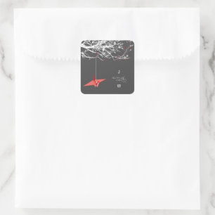 Hanging Red Origami Papper Crane Chic Asian Bröllo Fyrkantigt Klistermärke