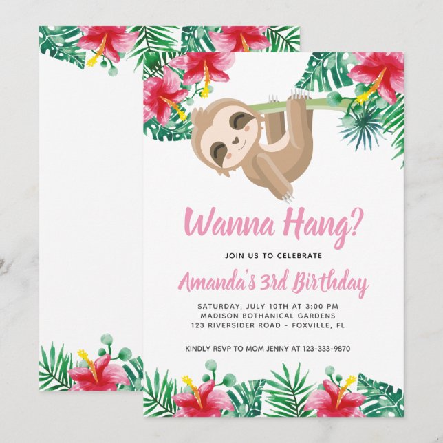 Hanging Sloth Girl Birthday-inbjudan Inbjudningar (Fram/baksida)