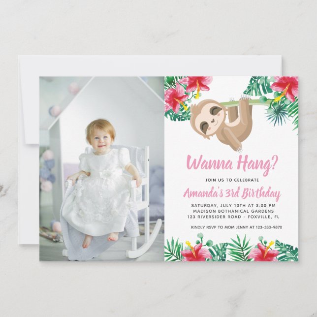 Hanging Sloth Girl Birthday Photo Inbjudan (Framsida)