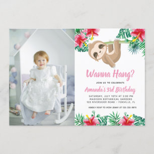 Hanging Sloth Girl Birthday Photo Inbjudan