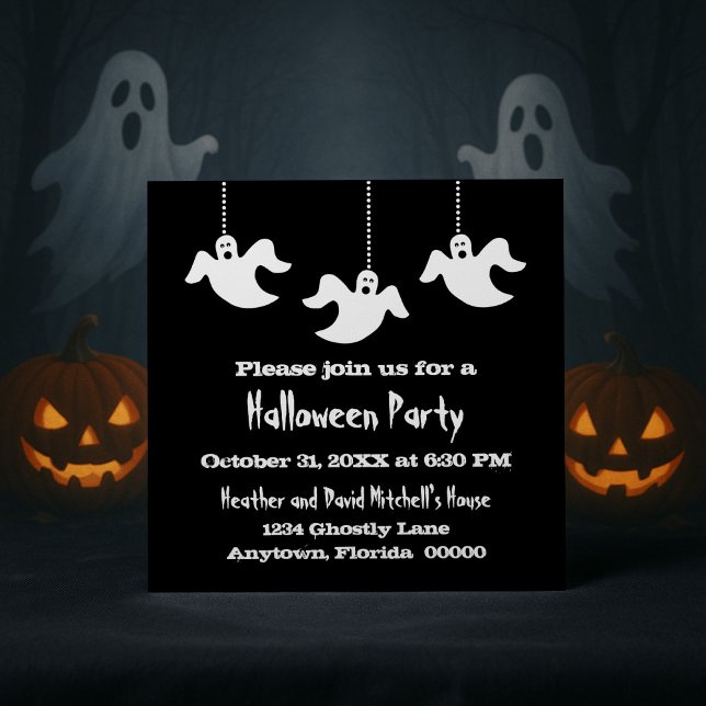 Hanging Spöken Halloween Inbjudan, Black Inbjudningar (Black Hanging Ghosts Halloween Party Invitation)