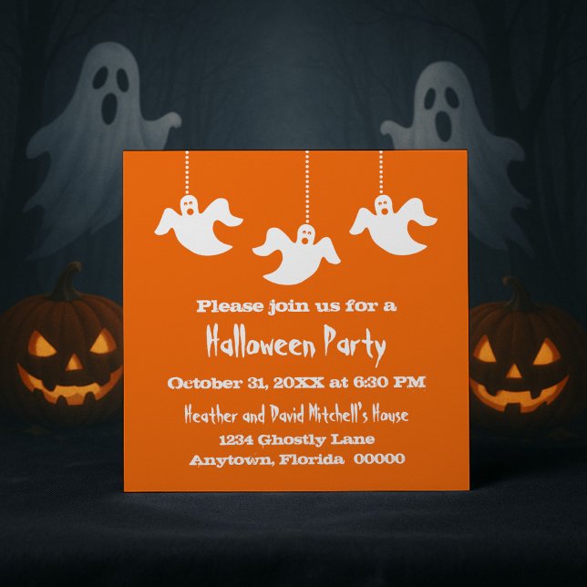 Hanging Spöken Halloween Inbjudan, Orange Inbjudningar (Orange Hanging Ghosts Halloween Party Invitation)