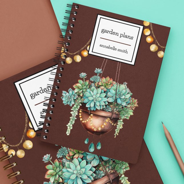 Hanging Succuling in Copper and Turquise Pot Anteckningsbok (Cute plants in copper and aqua  on a spiral notebook you can personalize.  Great for plant lovers. )