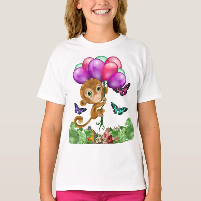Hangin'Out Cute Monkey, Butterflies & Balloys T Shirt (Framsida)