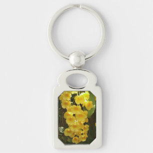 Hängning av Gult Orchids Tropical Flowers Rektangulärt Silverfärgad Nyckelring