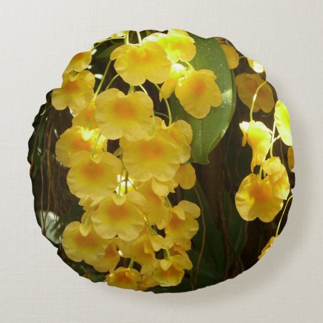 Hängning av Gult Orchids Tropical Flowers Rund Kudde (Framsidan)