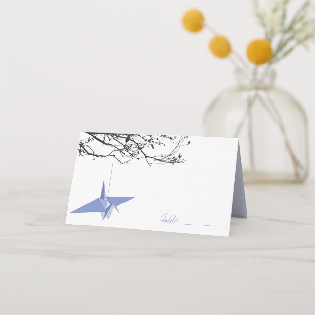 Hängning av Lila Origami Pappra Cranes Asian Bröll Placeringskort (Framsida)