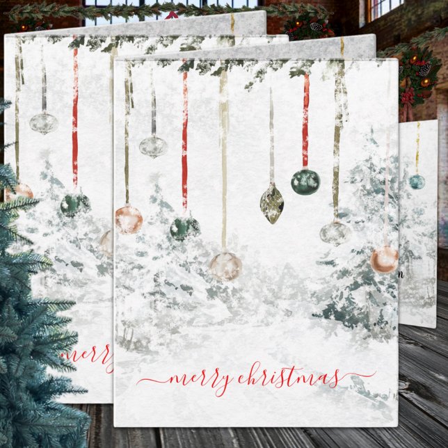 Hängning av prydnadsföremål Winter Scene God jul Helgkort (Hanging Ornaments Snowy Winter Scene Wraparound Graphics Folded Christmas Holiday Card in two sizes)