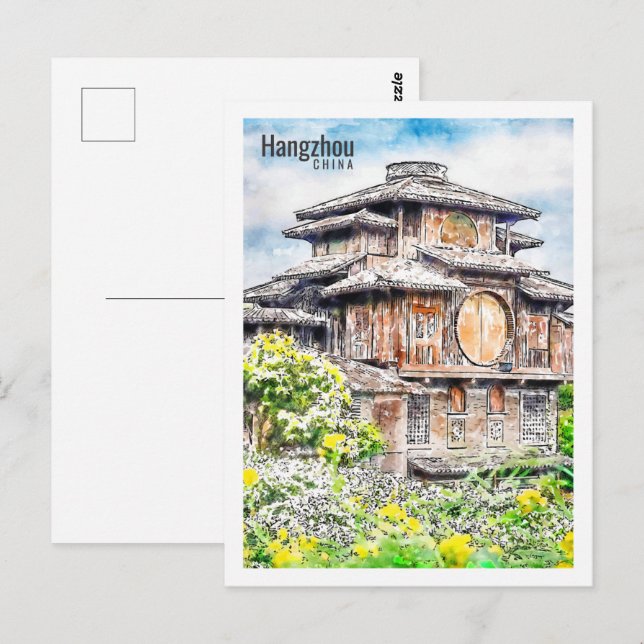 Hangzhou China Travel Ställe Watercolor Vykort (Fram/baksida)