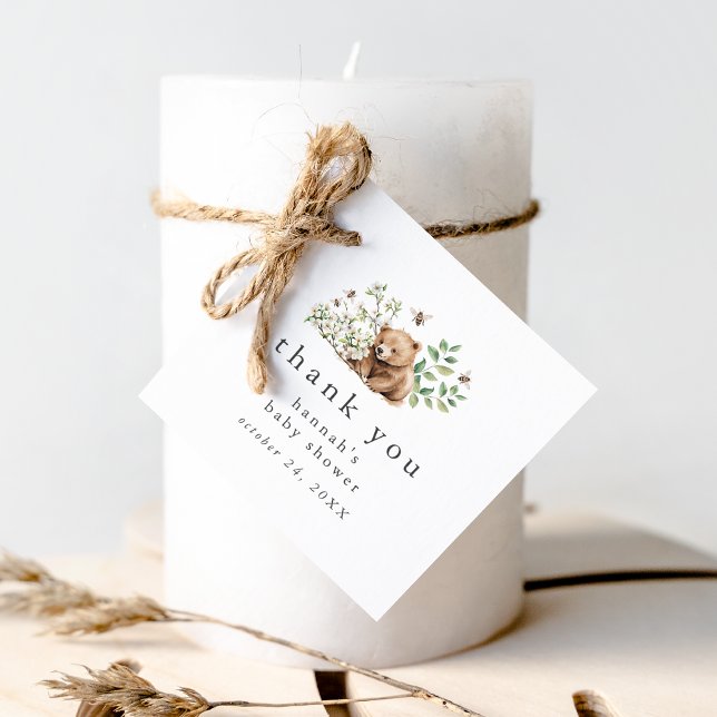 HANNAH Bear Bee Woodland Baby Shower Tack Gåvor Etiketter (HANNAH Bear Bee Woodland Baby Shower Thank You Favor Tags)