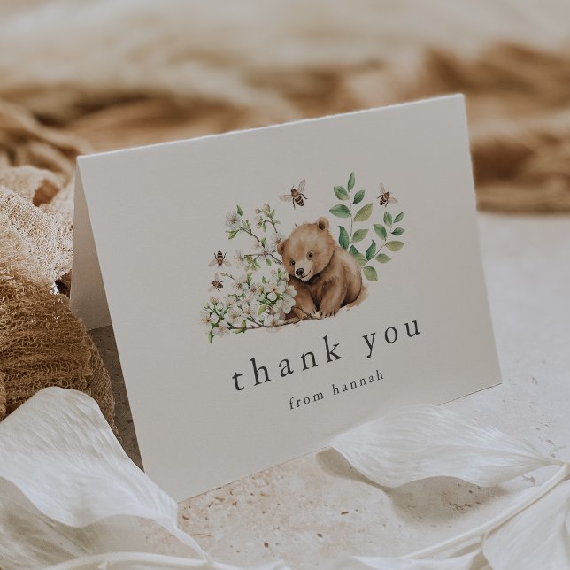 HANNAH Neutralt Bear Bee Boho Woodland Baby Shower Tack Kort (HANNAH Neutral Bear Bee Boho Woodland Baby Shower Thank You Card)