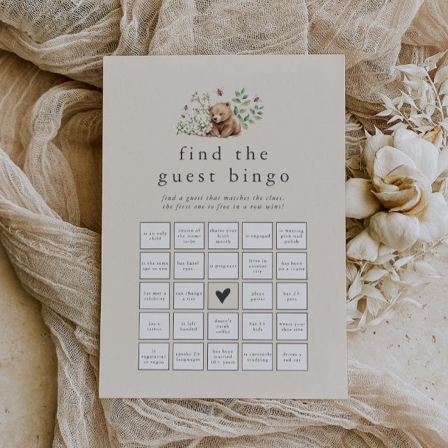 HANNAH Vintage Bear Hitta gästblocket Inbjudningar (HANNAH Vintage Bear Find the Guest Bingo Game Card)