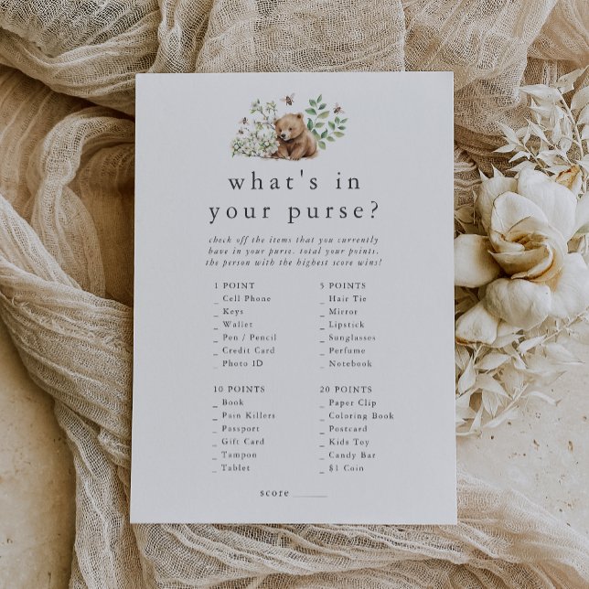 HANNAH Woodland What's in your Purse Game Card Inbjudningar (HANNAH Woodland What's In Your Purse Game Card)
