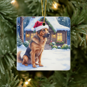 Hannoverskt spårhund Snöig stugvärd Julhatt Julgransprydnad Keramik