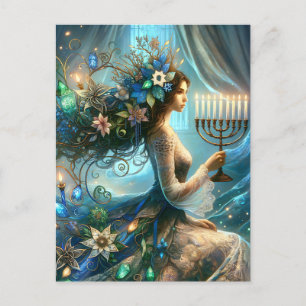 Hannukah Bevackra Woman med Menorah Helg Vykort