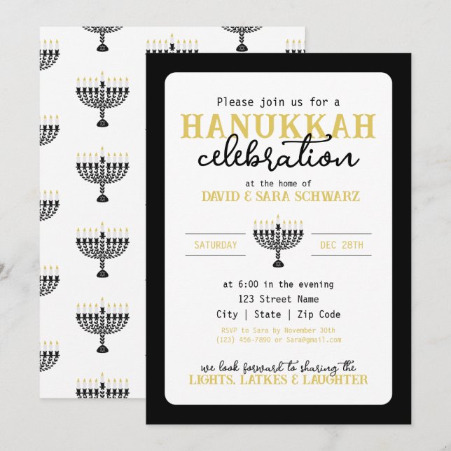 HANNUKAH Firande Party Menorah Inbjudningar (Fram/baksida)