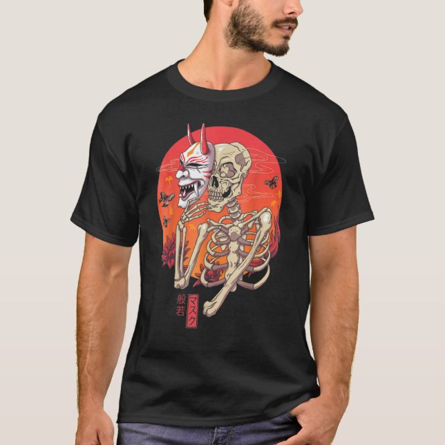 Hannya Skeleton Yokai Mask Japansk konst T Shirt (Framsida)